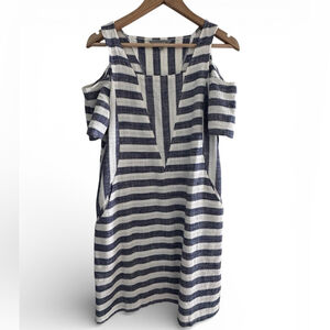Kenar Linen Blend Striped Cold Shoulder Dress M Coastal Minimalist